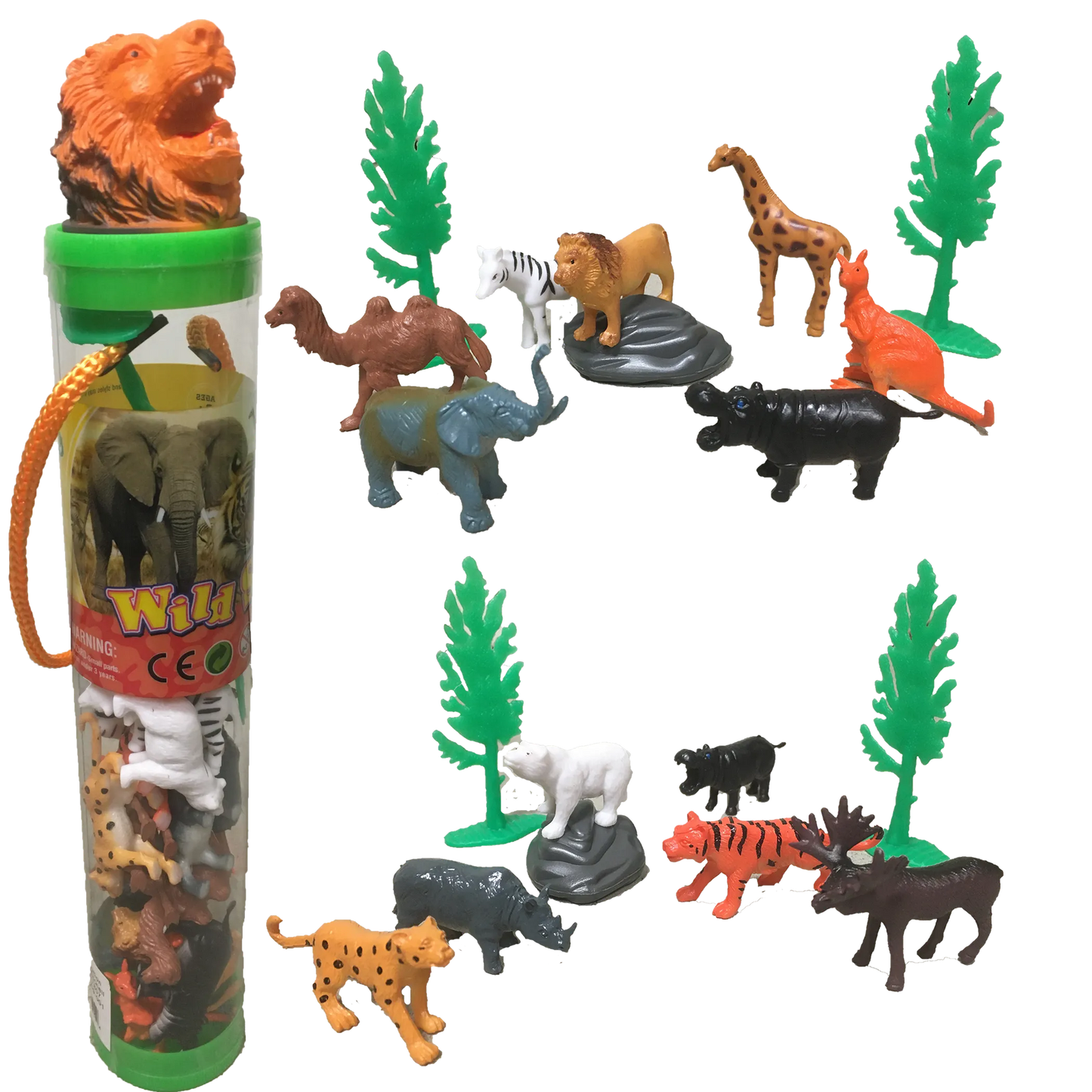 Zoo Animal Figurines in Clear Tube with Lion Head Topper