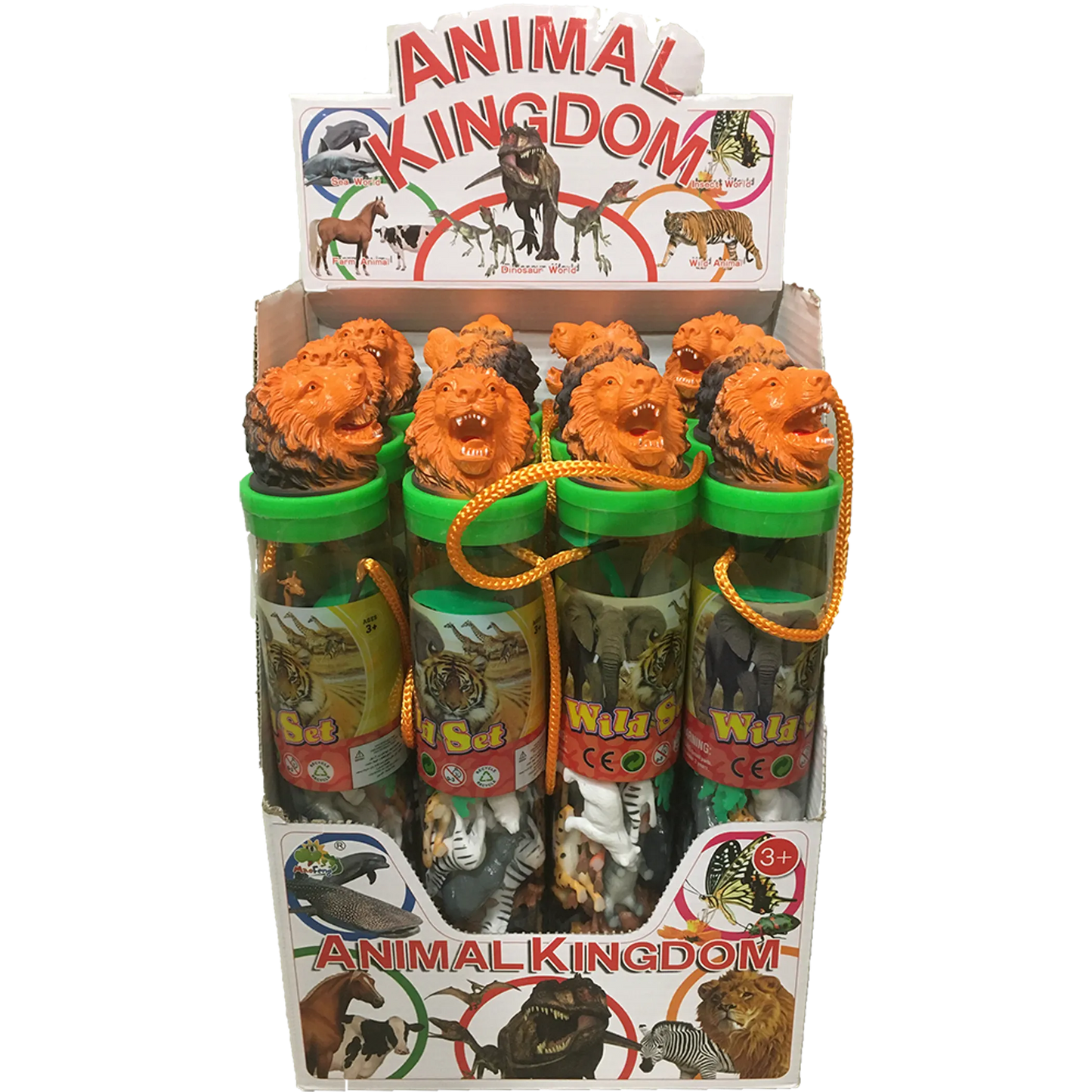 Zoo Animal Figurines in Clear Tube with Lion Head Topper