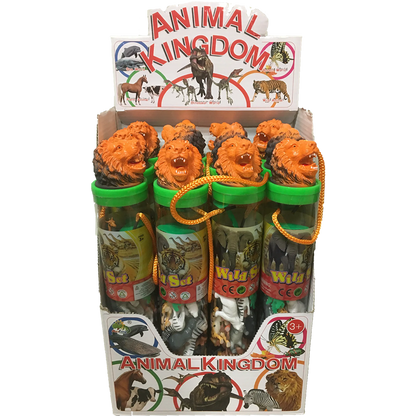 Zoo Animal Figurines in Clear Tube with Lion Head Topper