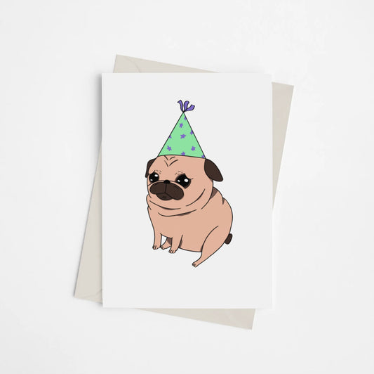 Pug with Party Hat - Greeting Card