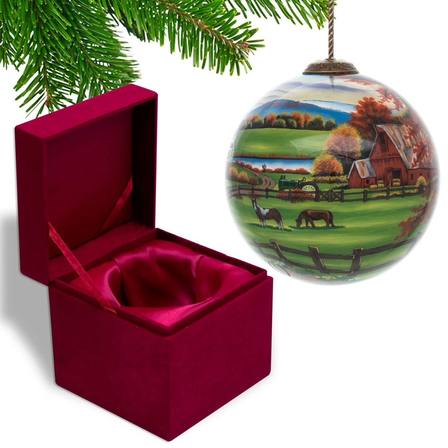 Farm Fall Scene Hand Painted Glass Ornament