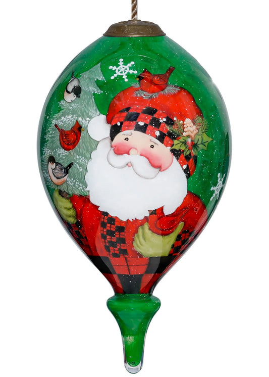 Woodland Plaid Pals Santa Hand Painted Glass Ornament