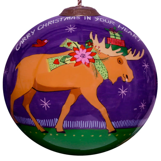 Carry Christmas In Your Heart Moose Hand Painted Glass Ornament