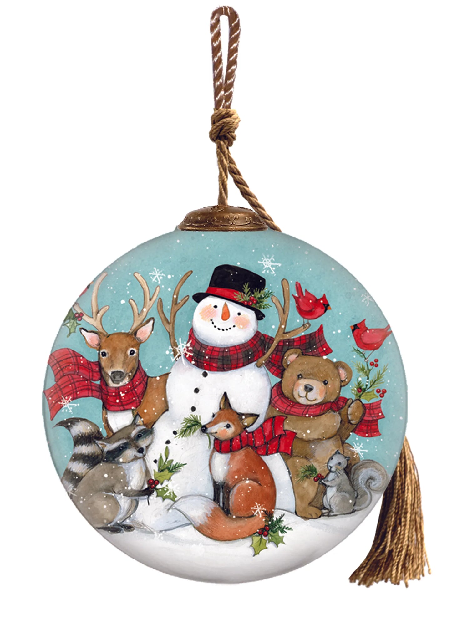 Snowman with Forest Animals Hand Painted Glass Ornament