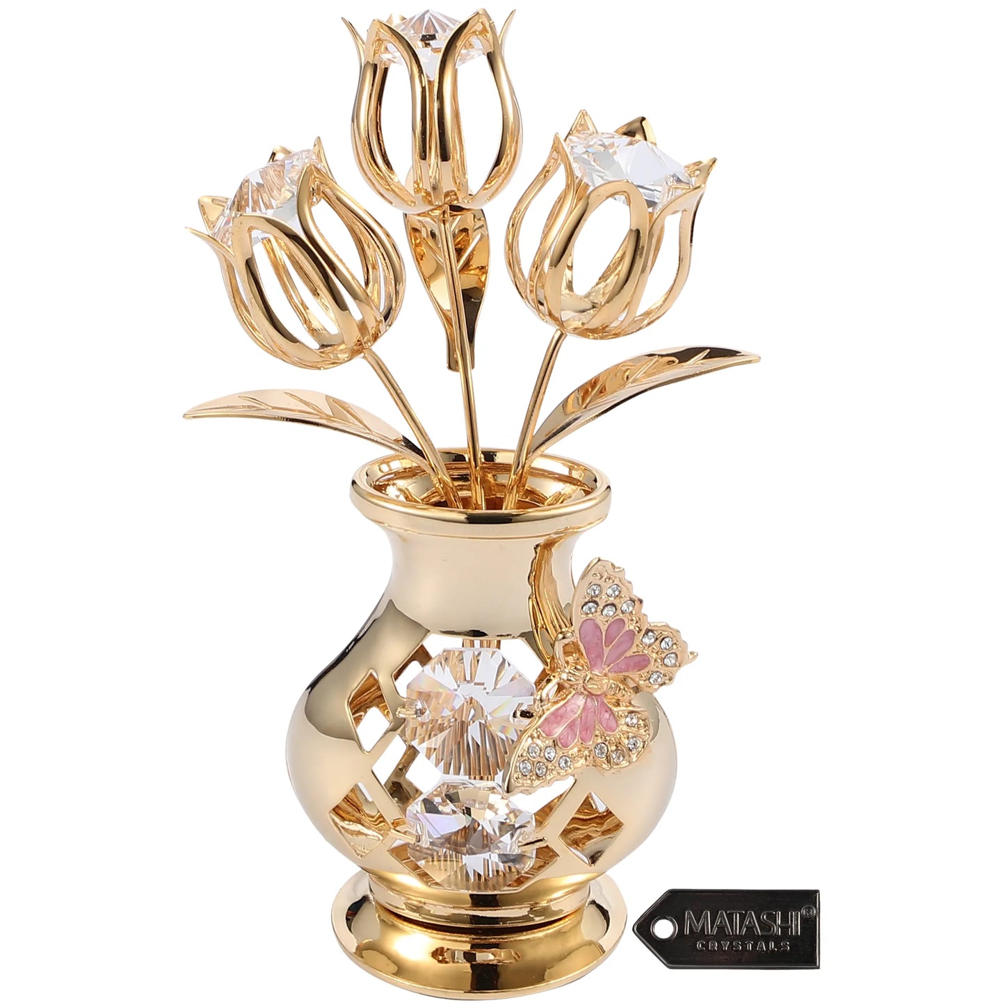 Matashi 24K Gold Plated Crystal Studded Flower Ornament in a Vase with Decorative Butterfly (Pink Crystals)