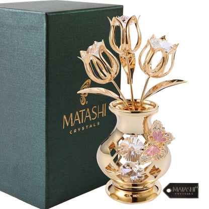 Matashi 24K Gold Plated Crystal Studded Flower Ornament in a Vase with Decorative Butterfly (Pink Crystals)