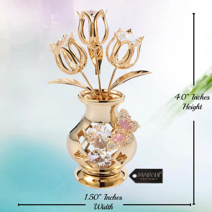 Matashi 24K Gold Plated Crystal Studded Flower Ornament in a Vase with Decorative Butterfly (Pink Crystals)