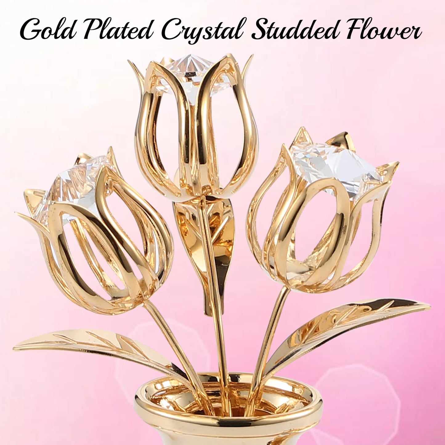 Matashi 24K Gold Plated Crystal Studded Flower Ornament in a Vase with Decorative Butterfly (Pink Crystals)