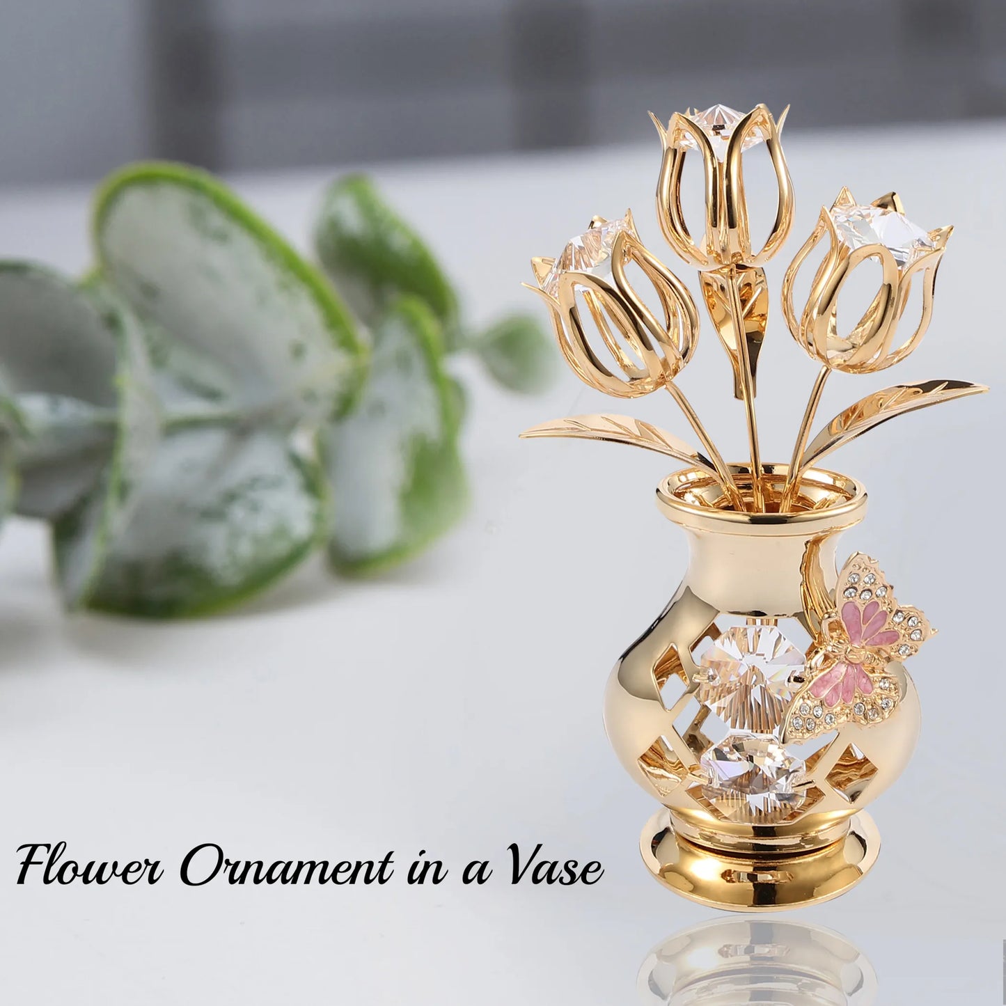 Matashi 24K Gold Plated Crystal Studded Flower Ornament in a Vase with Decorative Butterfly (Pink Crystals)