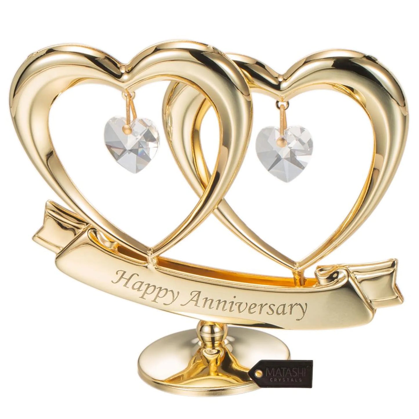 Matashi 24K Gold Plated Crystal Studded Double Heart Happy Anniversary Banner Ornament