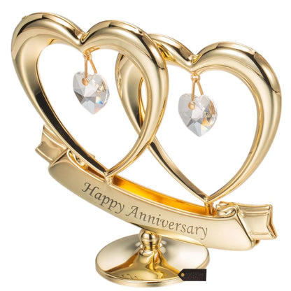 Matashi 24K Gold Plated Crystal Studded Double Heart Happy Anniversary Banner Ornament