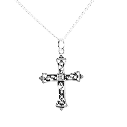 OPEN SCROLL BUD CROSS/SQUARE CZ 18"