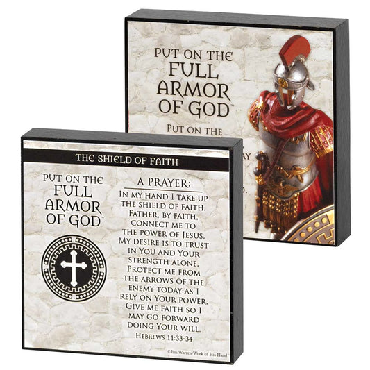 PLQ DBL SD SHIELD OF FAITH MDF 4X4