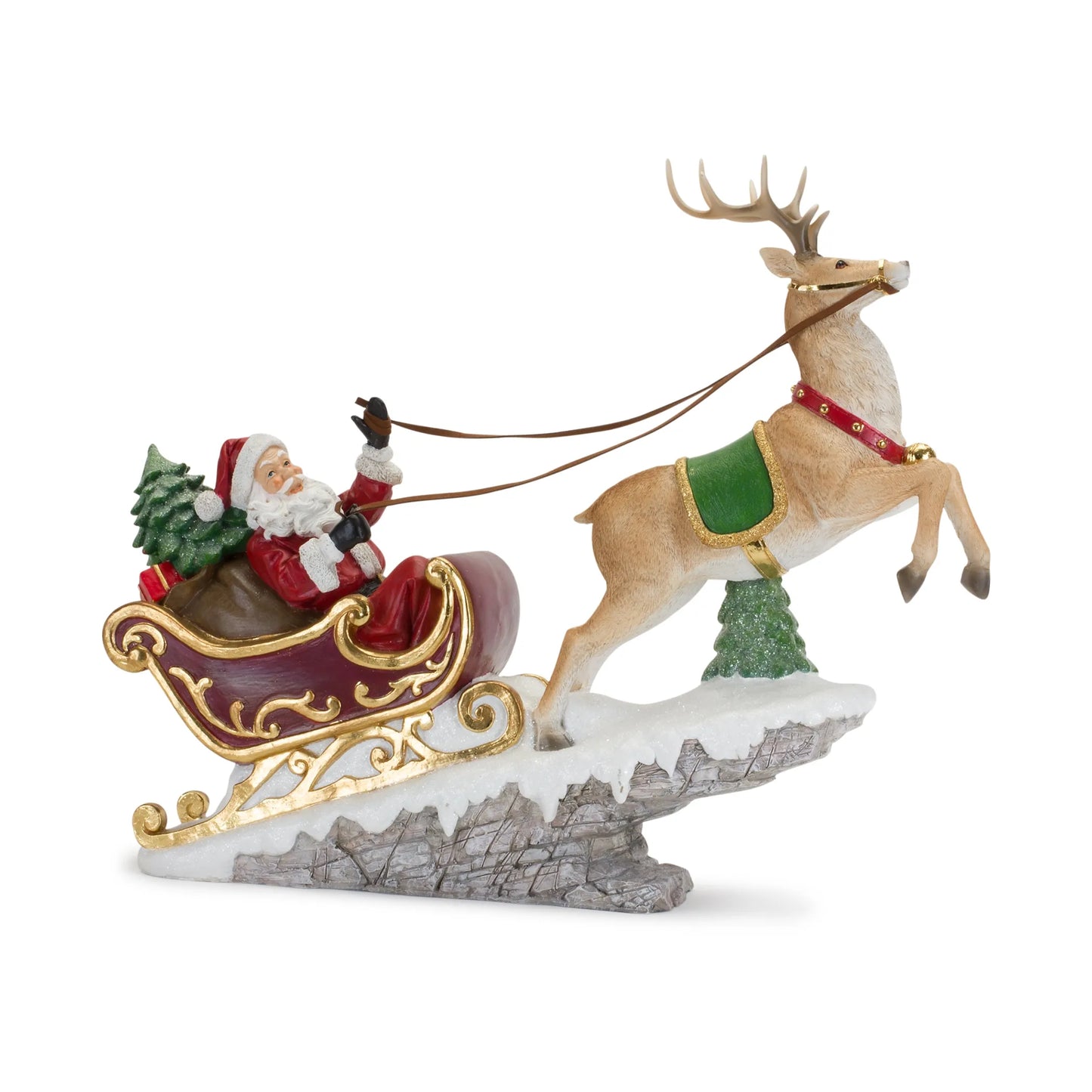 Santa in Sleigh w/Deer 21.5"L x 18"H Resin