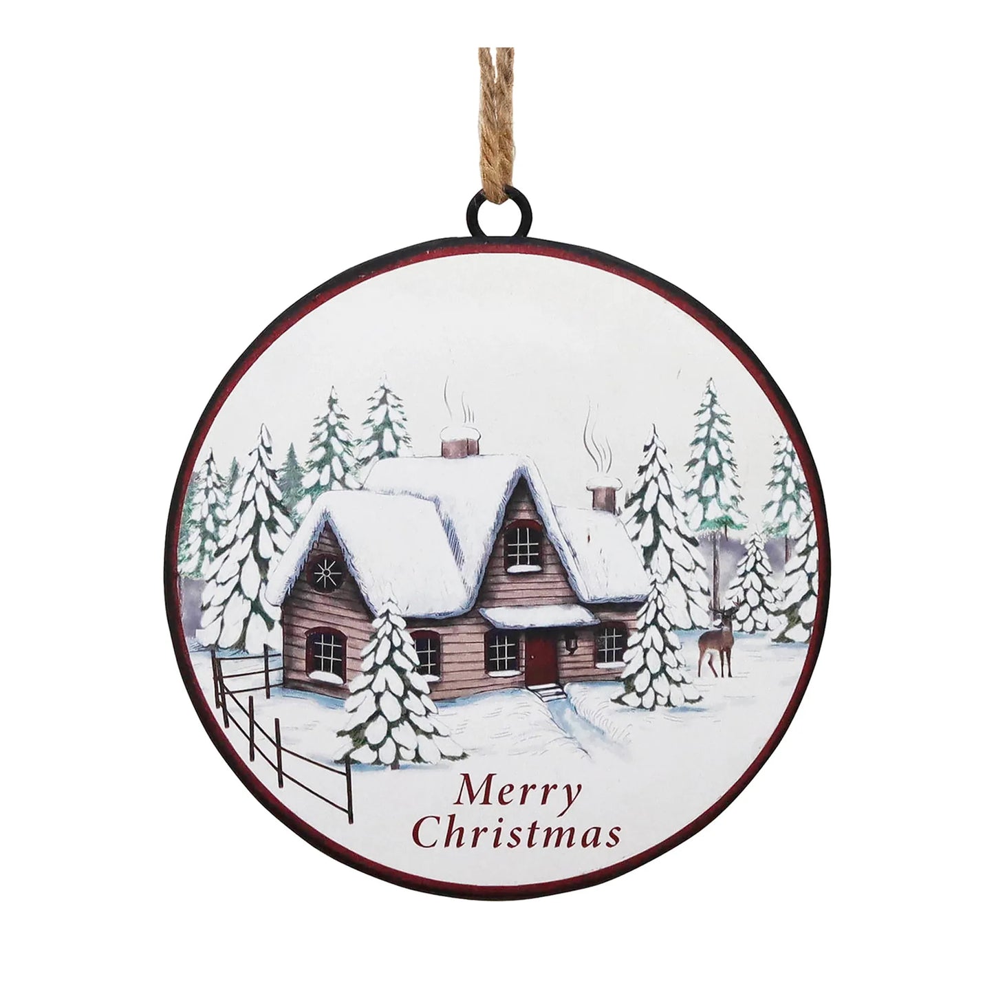 Woodland Winter Cabin Disc Ornament