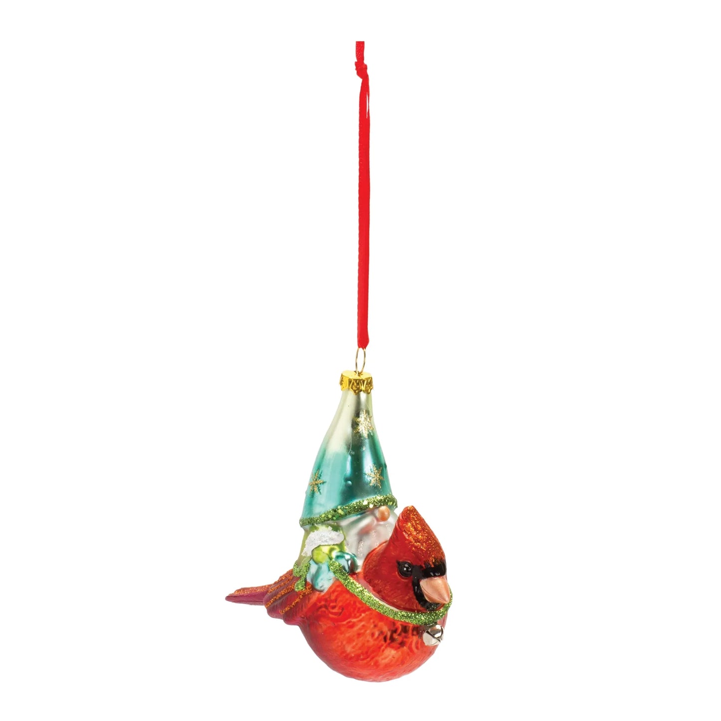 Glass Gnome and Cardinal Bird Ornament