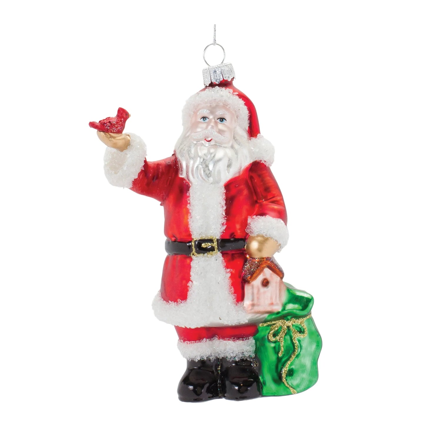 Glass Santa with Cardinal Bird Ornament