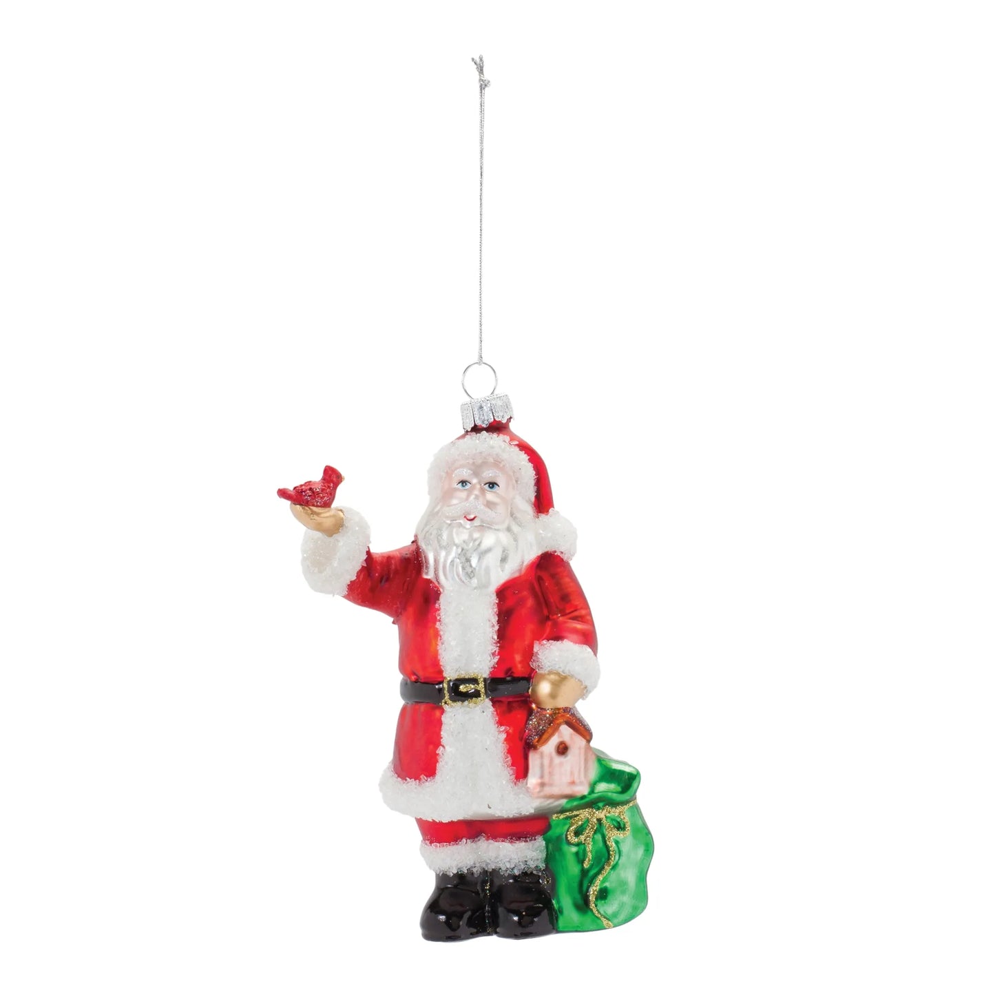 Glass Santa with Cardinal Bird Ornament