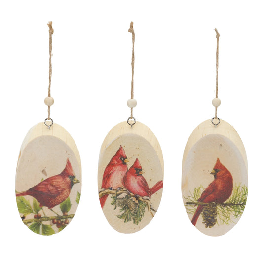 Wood Cardinal Bird Tree Disc Ornament