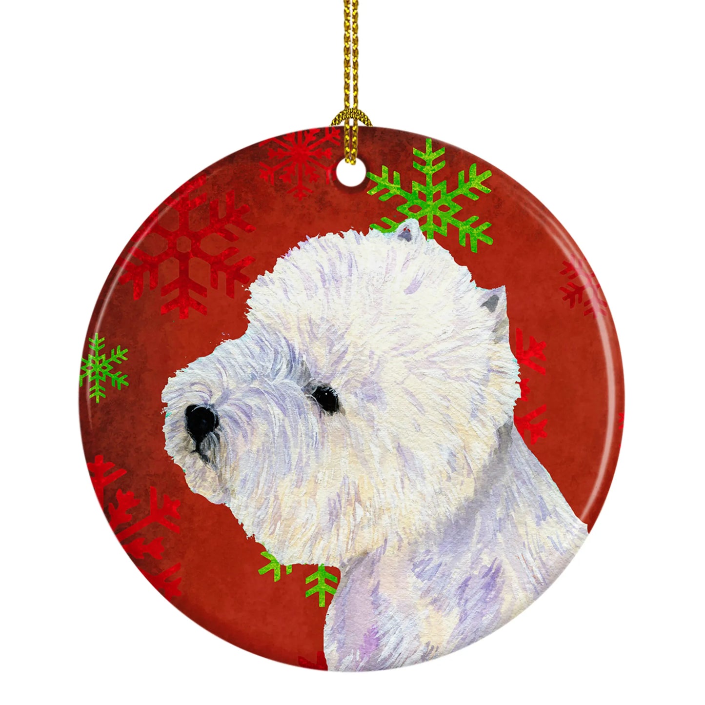 Dog and Christmas Snowflakes Ceramic Ornament