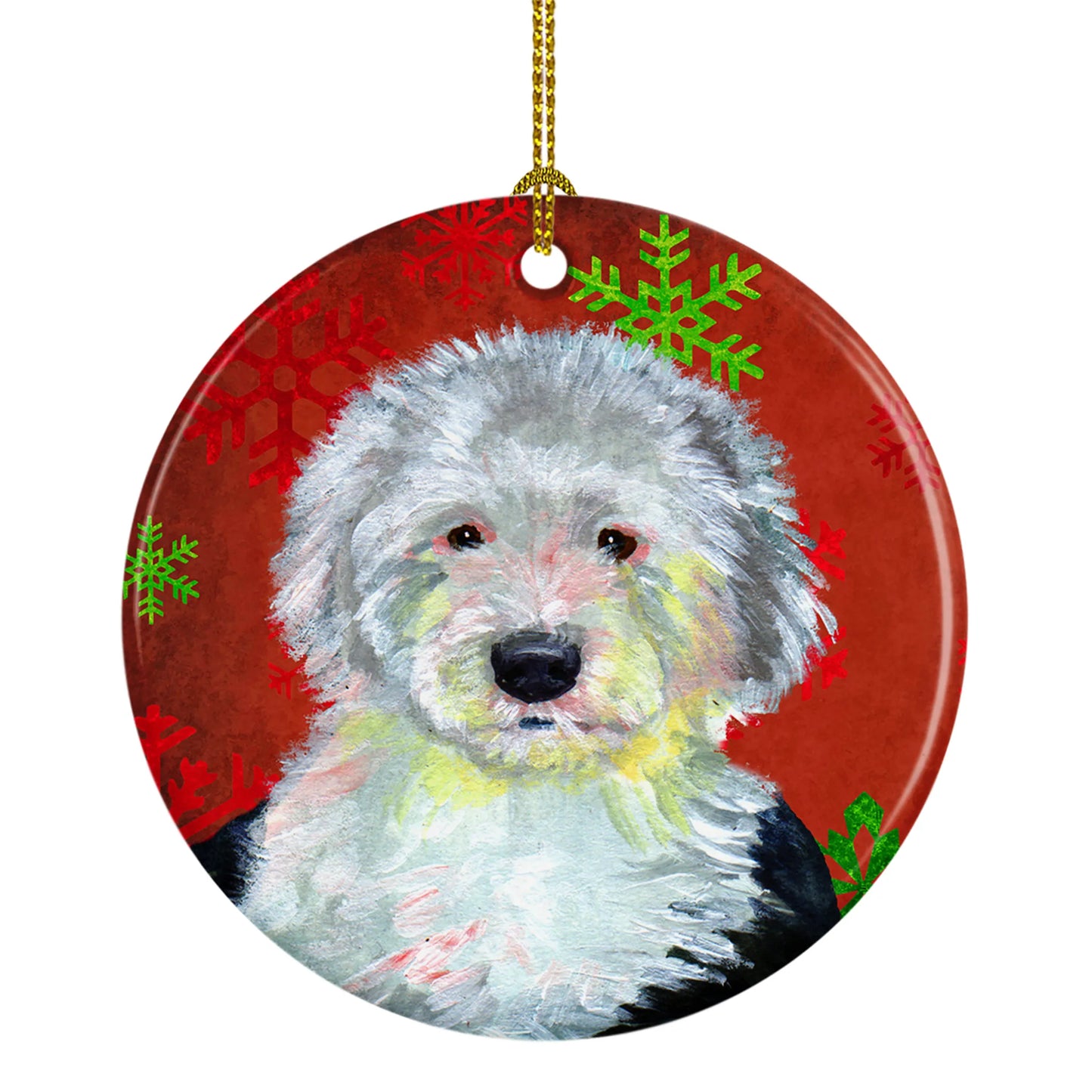 Dog and Christmas Snowflakes Ceramic Ornament