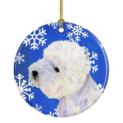 Dog and Winter Snowflakes Ceramic Ornament