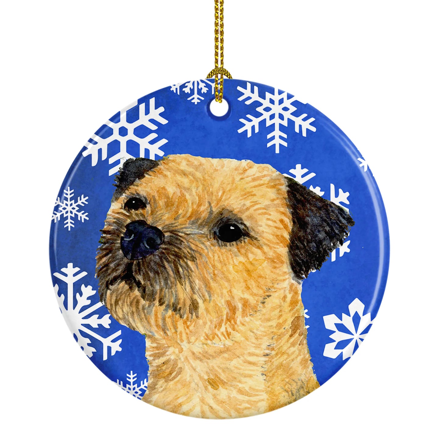 Dog and Winter Snowflakes Ceramic Ornament