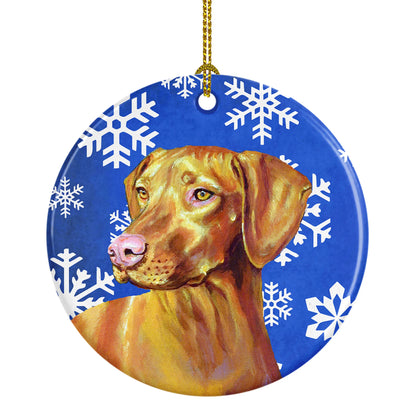 Dog and Winter Snowflakes Ceramic Ornament