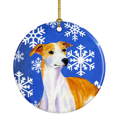 Dog and Winter Snowflakes Ceramic Ornament