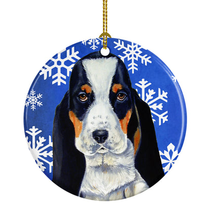 Dog and Winter Snowflakes Ceramic Ornament