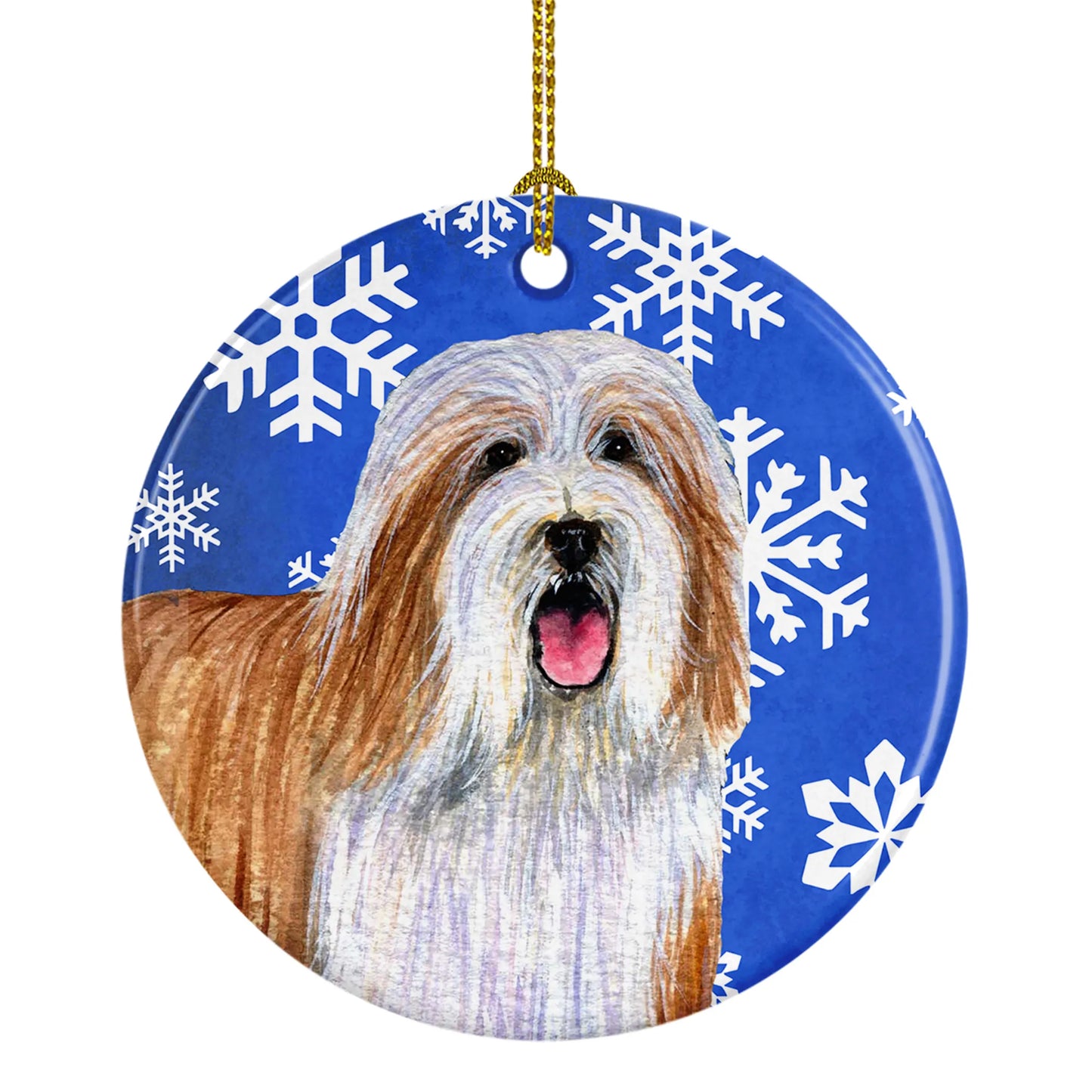 Dog and Winter Snowflakes Ceramic Ornament