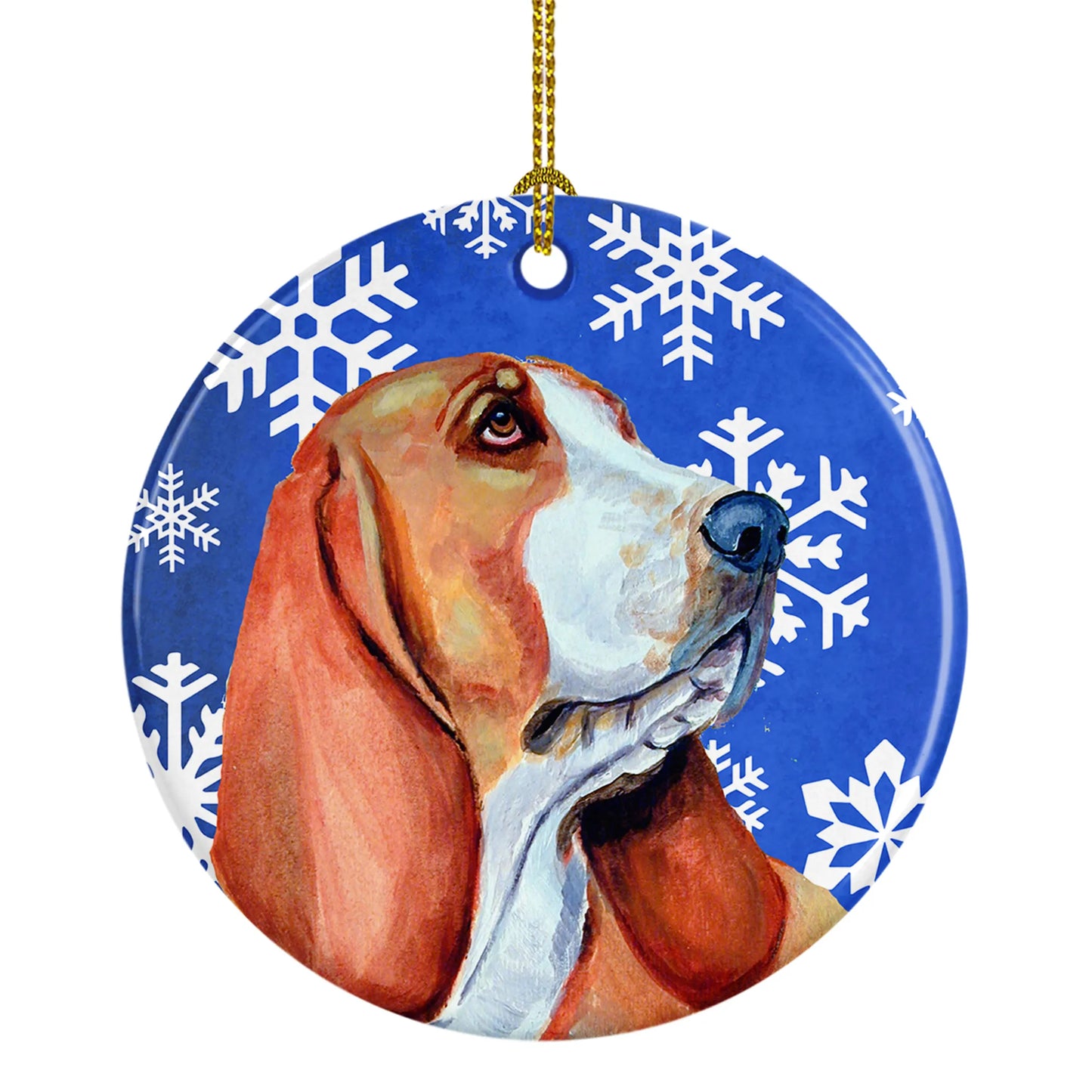 Dog and Winter Snowflakes Ceramic Ornament