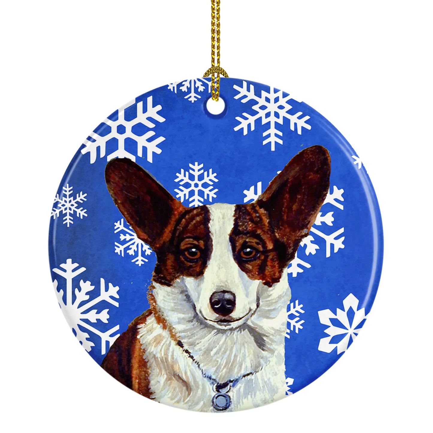 Dog and Winter Snowflakes Ceramic Ornament