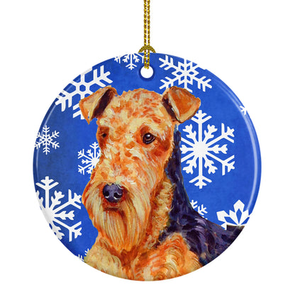 Dog and Winter Snowflakes Ceramic Ornament