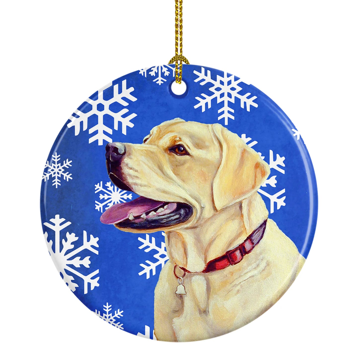 Dog and Winter Snowflakes Ceramic Ornament