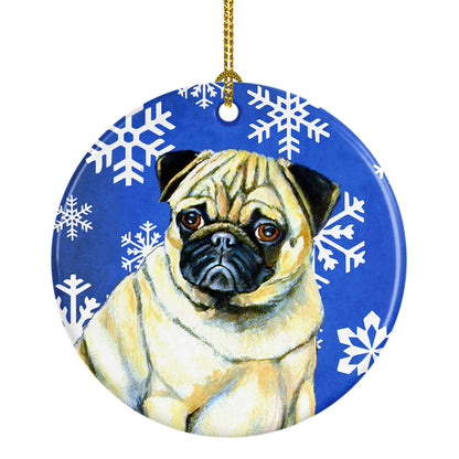 Dog and Winter Snowflakes Ceramic Ornament