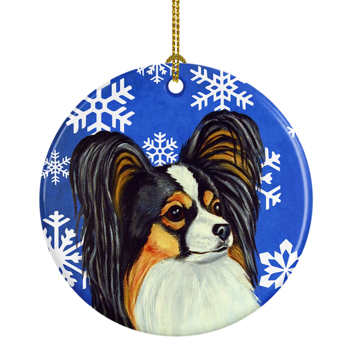 Dog and Winter Snowflakes Ceramic Ornament