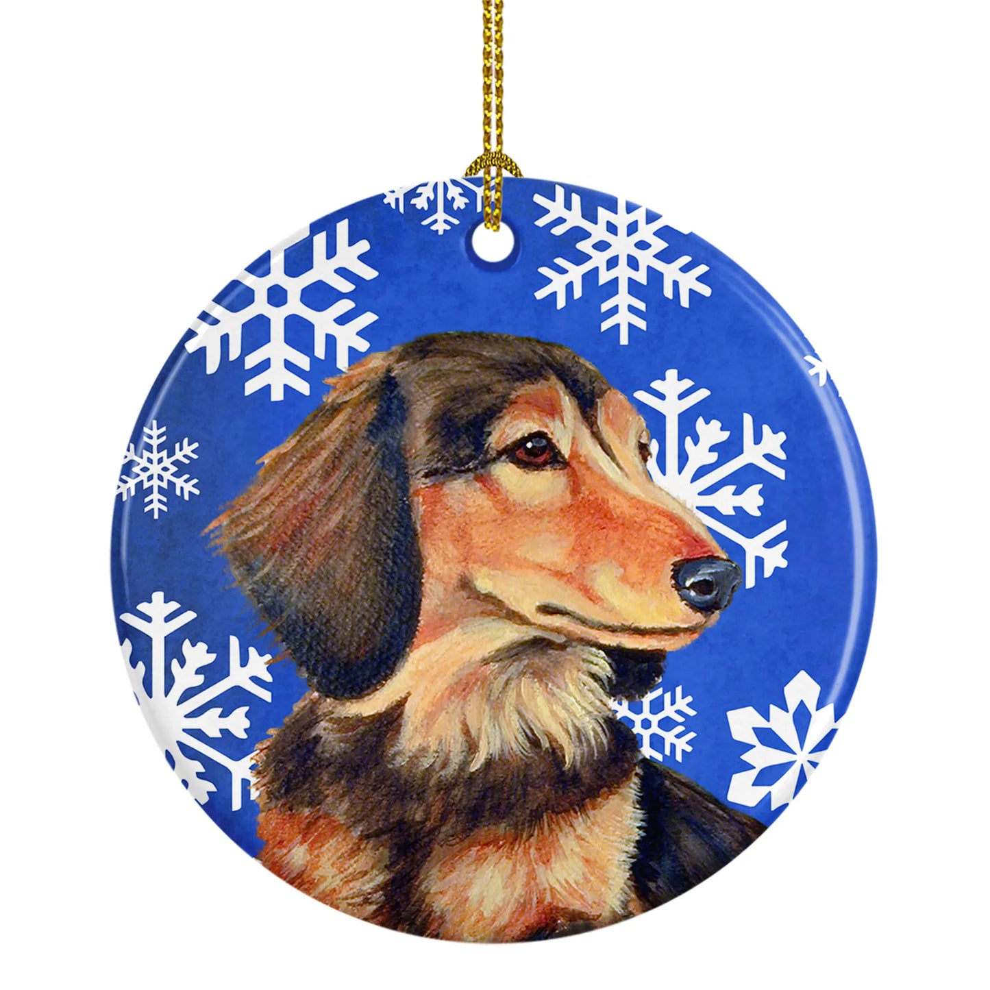 Dog and Winter Snowflakes Ceramic Ornament