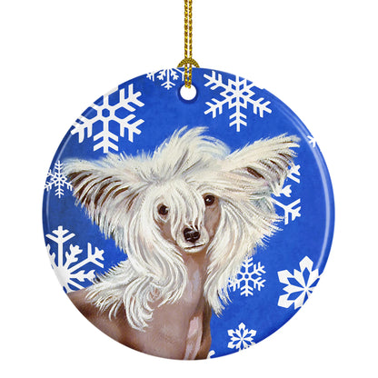 Dog and Winter Snowflakes Ceramic Ornament