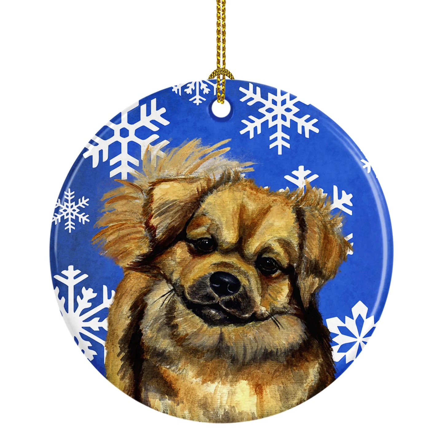 Dog and Winter Snowflakes Ceramic Ornament