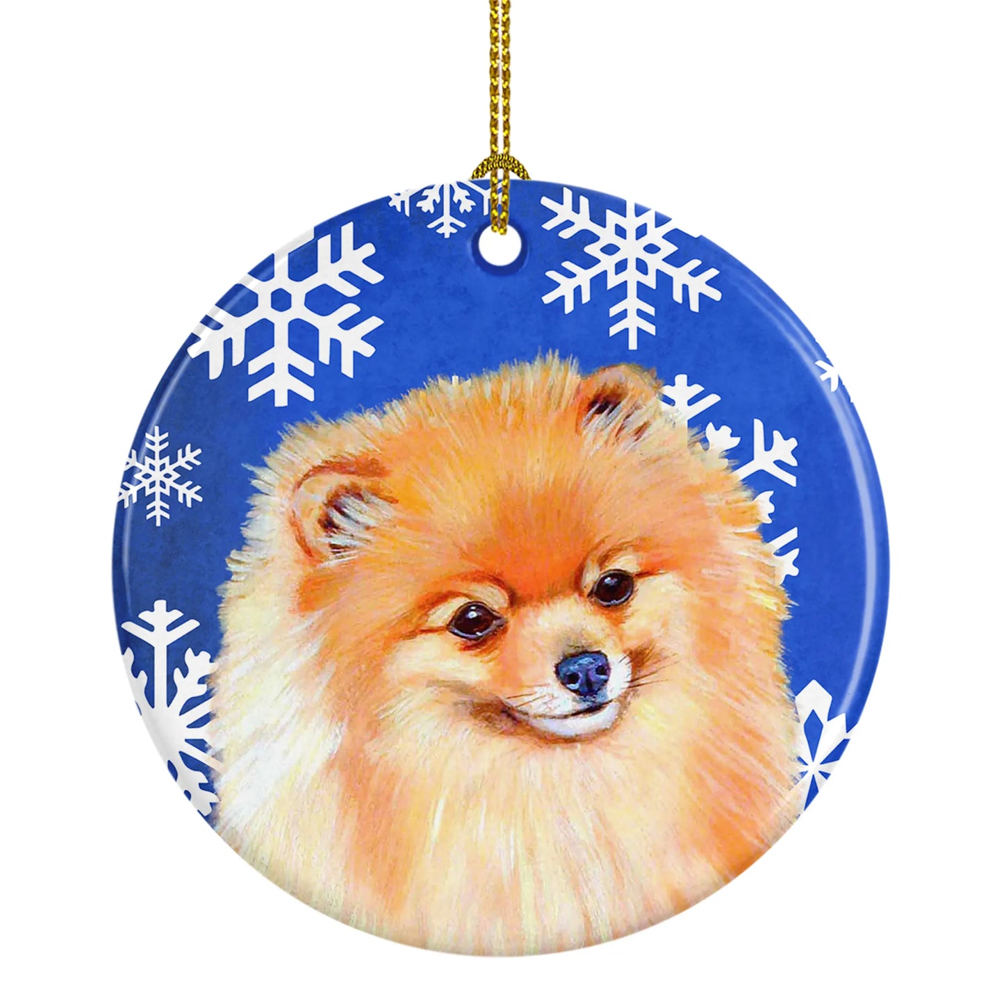 Dog and Winter Snowflakes Ceramic Ornament