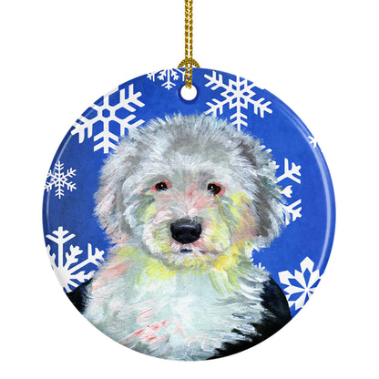 Dog and Winter Snowflakes Ceramic Ornament