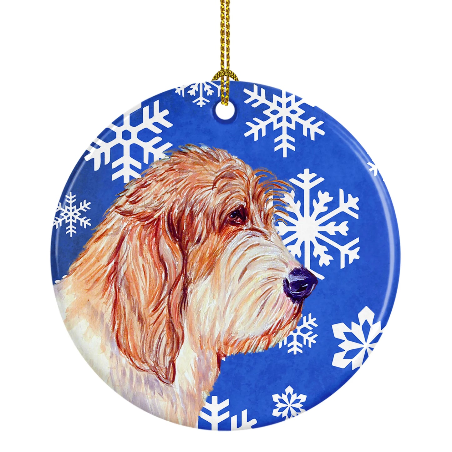 Dog and Winter Snowflakes Ceramic Ornament