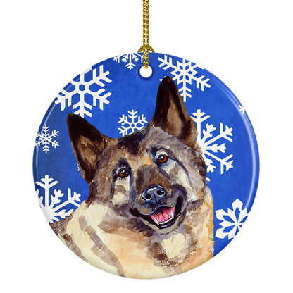 Dog and Winter Snowflakes Ceramic Ornament