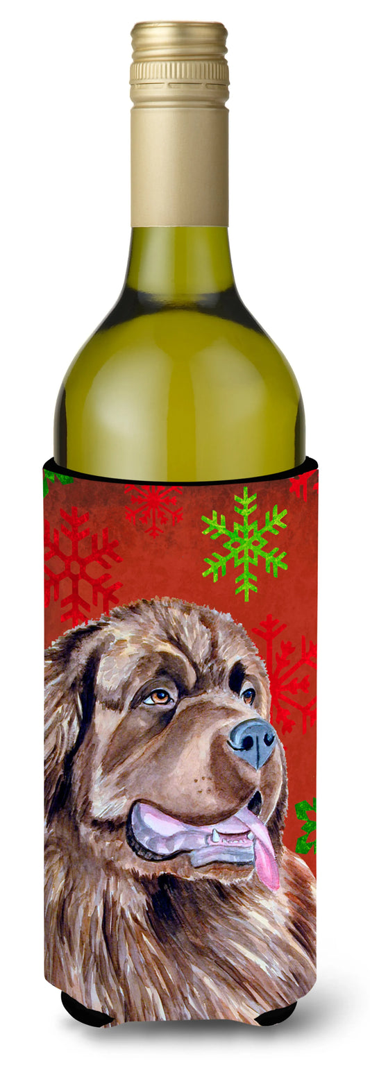 Red and Green Snowflakes Holiday Christmas Design with Dog Wine Bottle Hugger