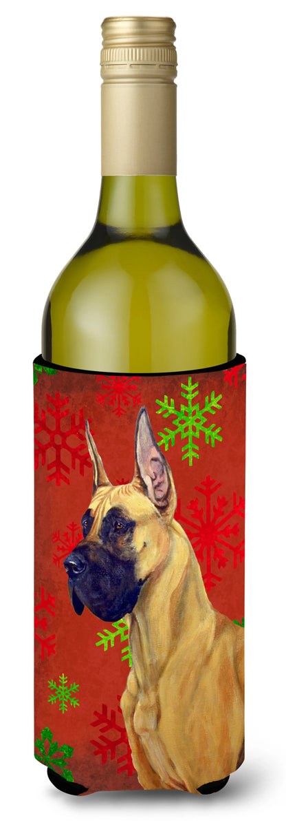 Red and Green Snowflakes Holiday Christmas Design with Dog Wine Bottle Hugger