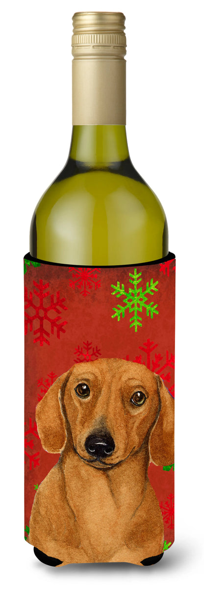 Red and Green Snowflakes Holiday Christmas Design with Dog Wine Bottle Hugger