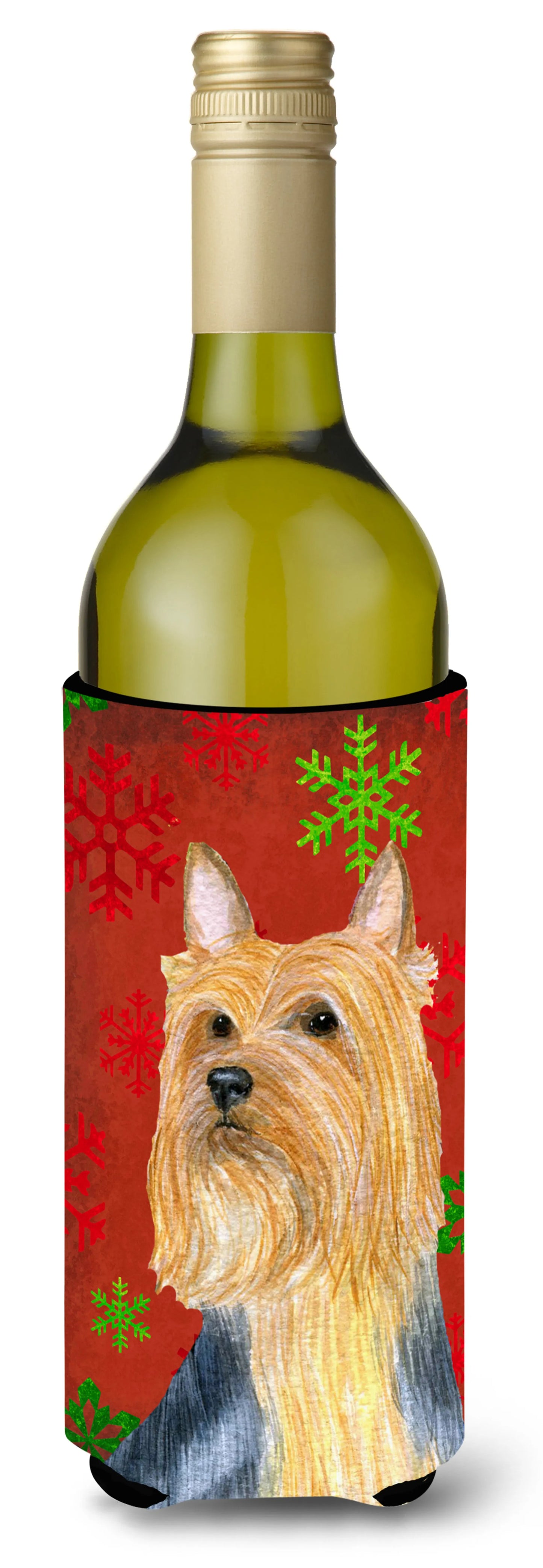 Red and Green Snowflakes Holiday Christmas Design with Dog Wine Bottle Hugger