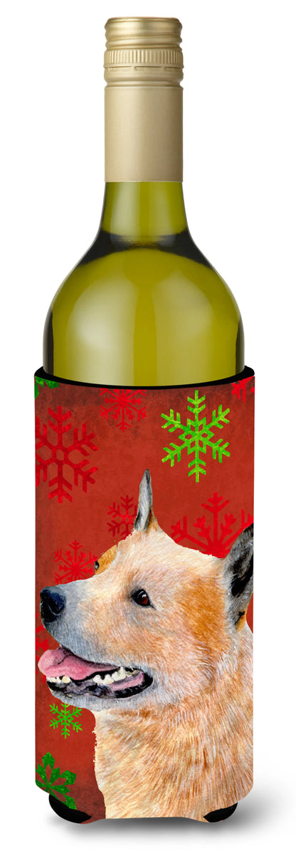 Red and Green Snowflakes Holiday Christmas Design with Dog Wine Bottle Hugger