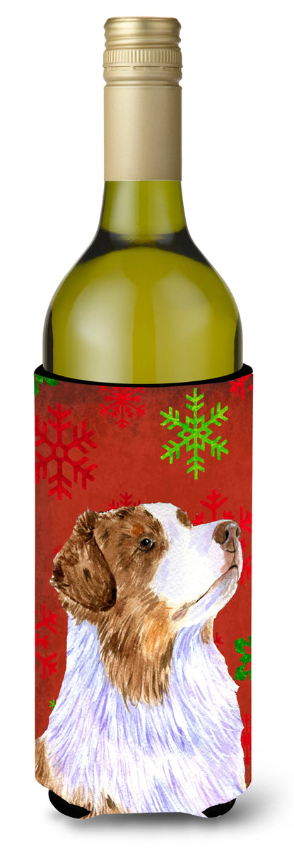 Red and Green Snowflakes Holiday Christmas Design with Dog Wine Bottle Hugger